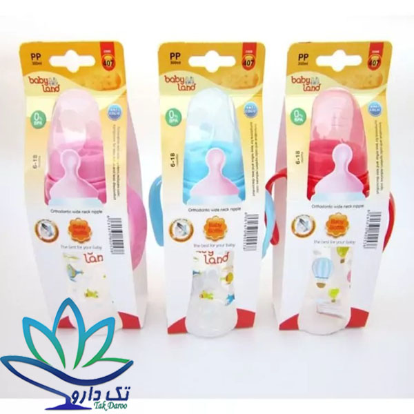 شیشه شیر دسته دار آنتی کولیک بیبی لند کد 407 حجم 300 میلی لیتر